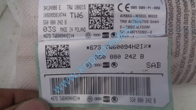 pravý predný sedačkový airbag na vw volkswagen golf 7, 5G0880242B